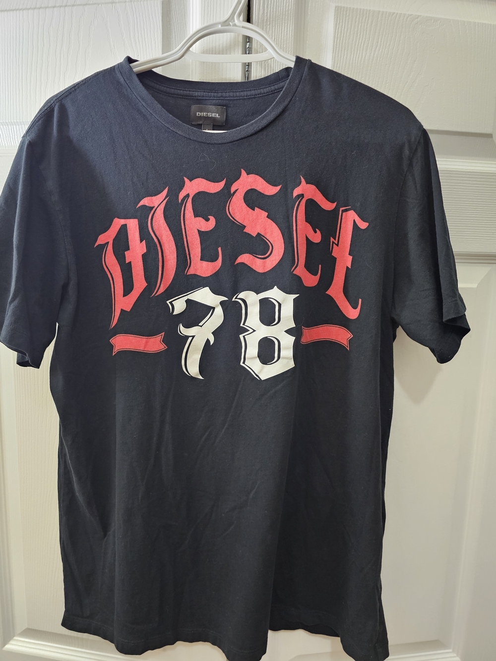 Vintage Diesel Black Short Sleeve Graphic Crew Neck Tee with Red Print Large